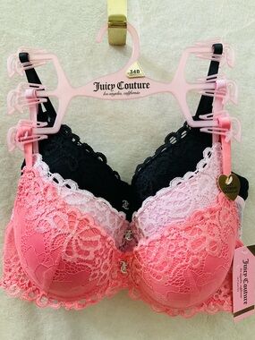 NWT JUICY COUTURE 3pc Sexy Extreme Push-Up Lace Bra Set - Pink, Coral, & Black